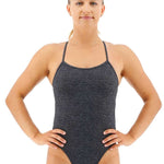 TYR Women's Lapped Trinityfit Swimsuit - A dark blue one-piece swimsuit with thin straps and a high-cut leg.