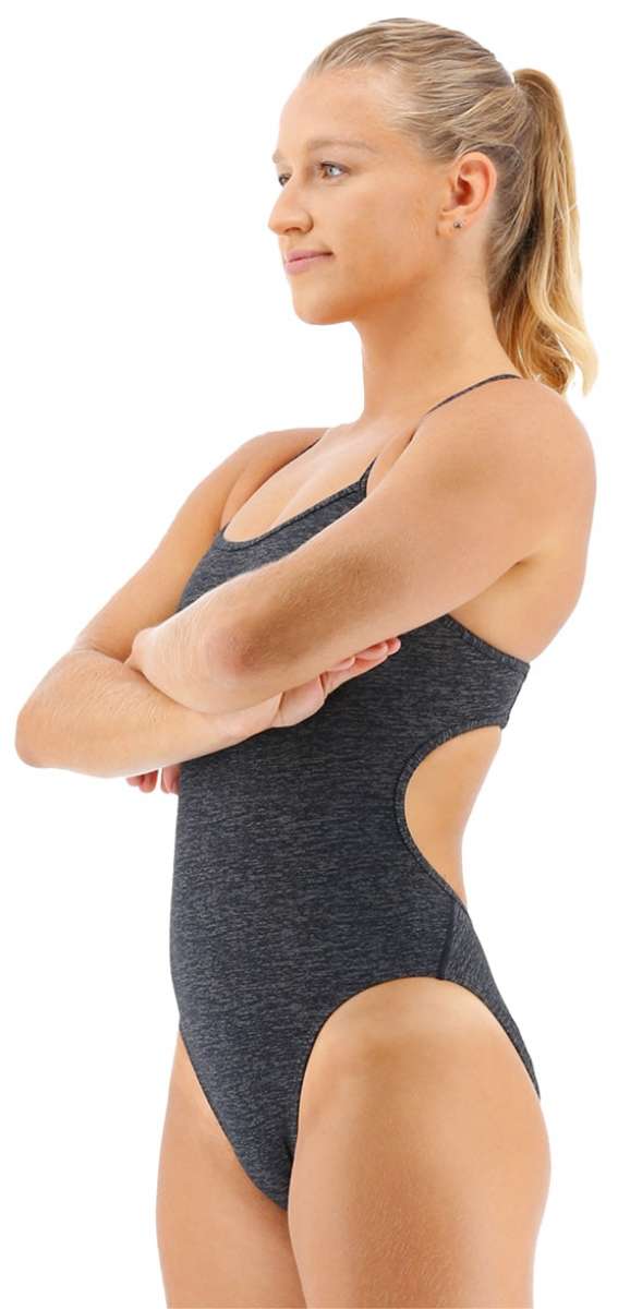 TYR Women's Lapped Trinityfit Swimsuit - A black swimsuit with a lapped design and thin straps.