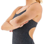 TYR Women's Lapped Trinityfit Swimsuit - A black swimsuit with a lapped design and thin straps.