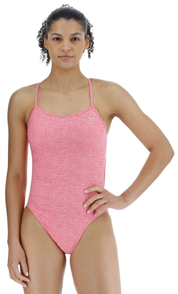 TYR Women's Lapped Trinityfit Swimsuit - A pink one-piece swimsuit with thin straps and a small logo on the upper left side.