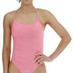 TYR Women's Lapped Trinityfit Swimsuit - A pink one-piece swimsuit with thin straps and a small logo on the upper left side.