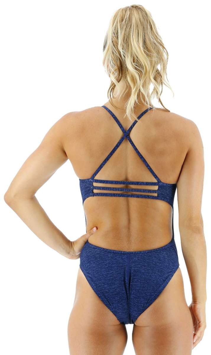 TYR Women's Lapped Trinityfit Swimsuit - A navy blue swimsuit with a textured pattern and thin straps that cross over at the back.
