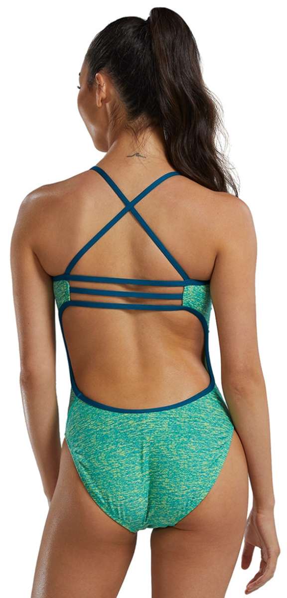 TYR Women's Lapped Trinityfit Swimsuit - A green and yellow patterned swimsuit with a high-cut leg and thin straps.