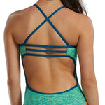 TYR Women's Lapped Trinityfit Swimsuit - A green and yellow patterned swimsuit with a high-cut leg and thin straps.