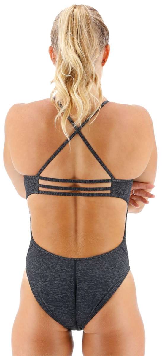 TYR Women's Lapped Trinityfit Swimsuit - A black swimsuit with a lapped design and thin straps.