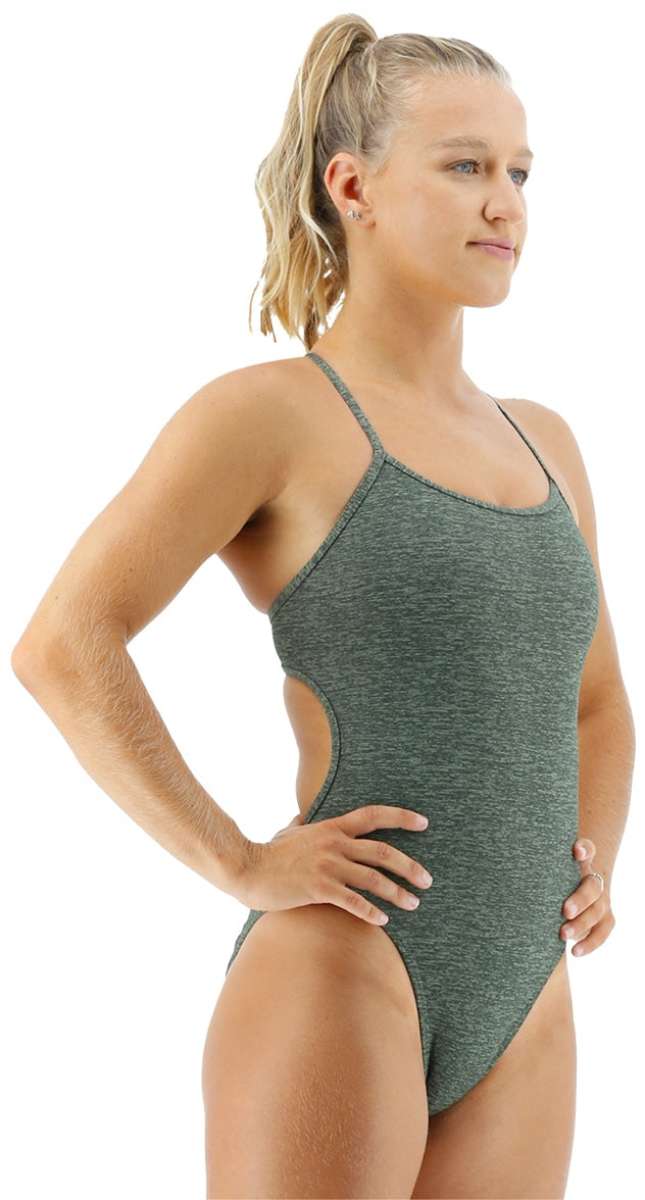 TYR Women's Lapped Trinityfit Swimsuit - A dark blue one-piece swimsuit with a high-cut leg and thin straps.