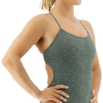 TYR Women's Lapped Trinityfit Swimsuit - A dark blue one-piece swimsuit with a high-cut leg and thin straps.