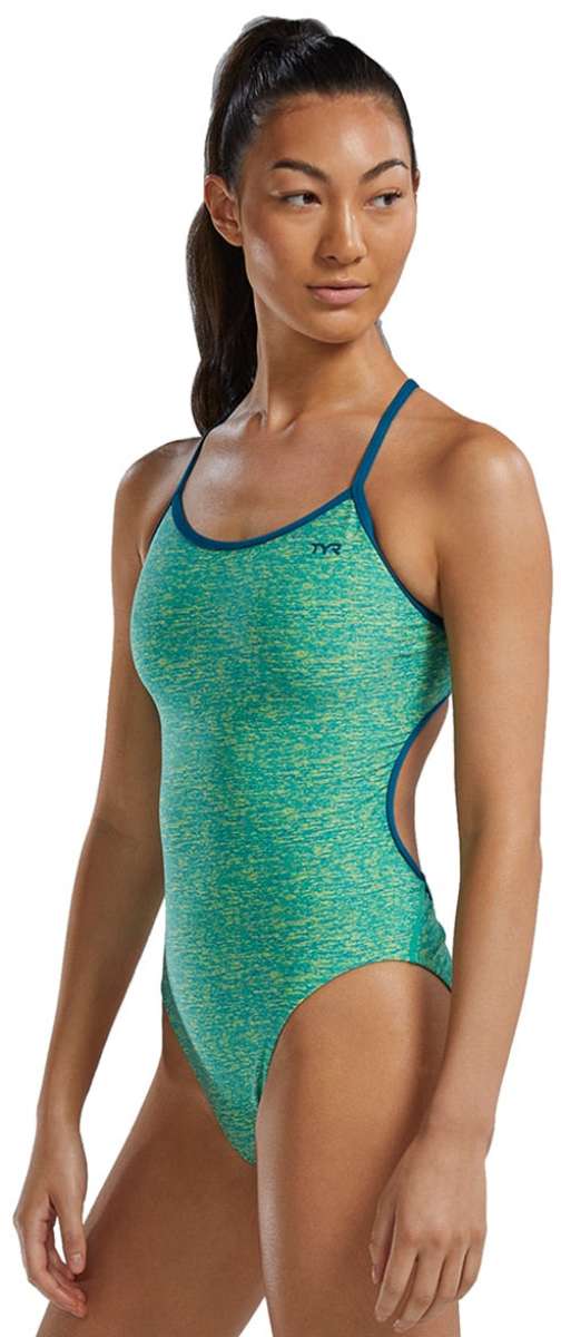 TYR Women's Lapped Trinityfit Swimsuit - A women's swimsuit with a blue and yellow patterned design.
