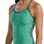 TYR Women's Lapped Trinityfit Swimsuit - A women's swimsuit with a blue and yellow patterned design.