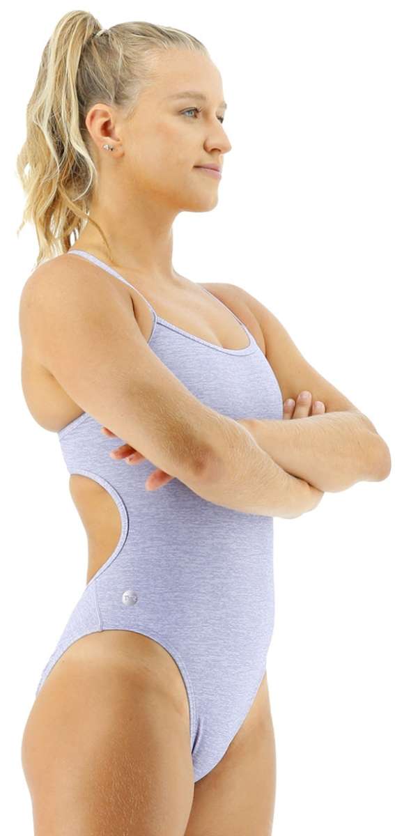 TYR Women's Lapped Trinityfit Swimsuit - A heathered grey one-piece swimsuit with a scoop neckline and thin straps.