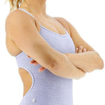 TYR Women's Lapped Trinityfit Swimsuit - A heathered grey one-piece swimsuit with a scoop neckline and thin straps.