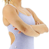 TYR Women's Lapped Trinityfit Swimsuit - A heathered grey one-piece swimsuit with a scoop neckline and thin straps.