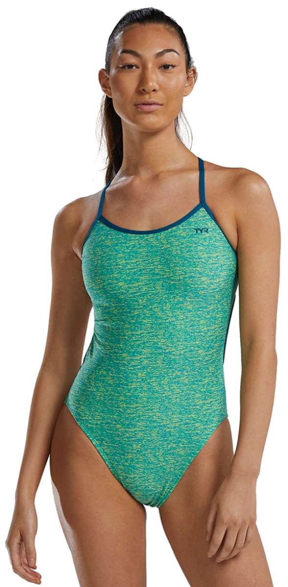 TYR Women's Lapped Trinityfit Swimsuit - A green and yellow one-piece swimsuit with thin straps.