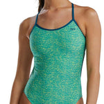 TYR Women's Lapped Trinityfit Swimsuit - A green and yellow one-piece swimsuit with thin straps.