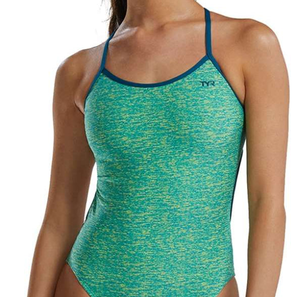 TYR Women's Lapped Trinityfit Swimsuit - A green and yellow one-piece swimsuit with thin straps.