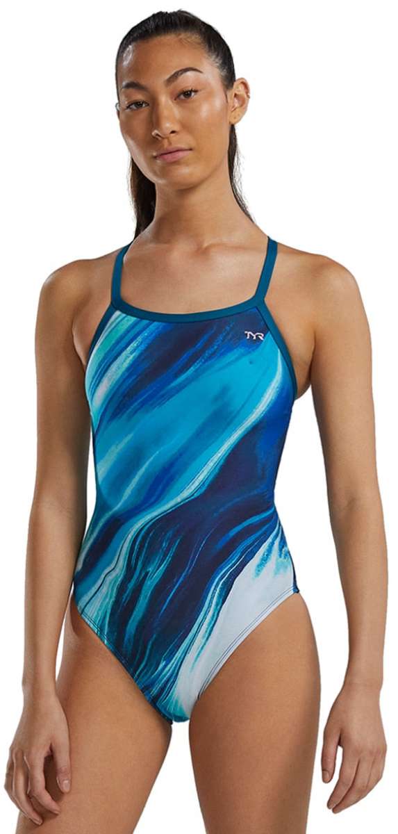 TYR Women's Sentry Diamondfit One Piece Swimsuit - A blue, one-piece swimsuit with a diamond pattern and thin straps.