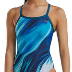 TYR Women's Sentry Diamondfit One Piece Swimsuit - A blue, one-piece swimsuit with a diamond pattern and thin straps.