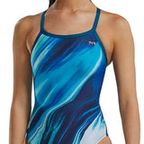 TYR Women's Sentry Diamondfit One Piece Swimsuit - A blue, one-piece swimsuit with a diamond pattern and thin straps.
