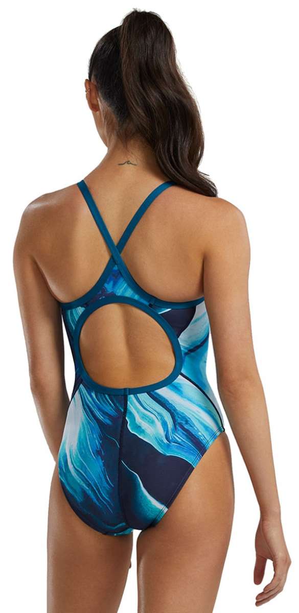 TYR Women's Sentry Diamondfit One Piece Swimsuit - A blue and white one-piece swimsuit with a diamond pattern on the torso.