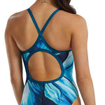 TYR Women's Sentry Diamondfit One Piece Swimsuit - A blue and white one-piece swimsuit with a diamond pattern on the torso.