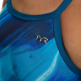 TYR Women's Sentry Diamondfit One Piece Swimsuit - A blue and black one-piece swimsuit with a diamond pattern on the torso.