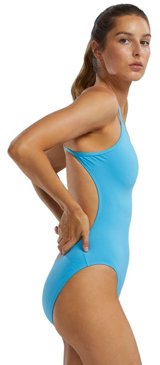 TYR Women's Solid Cutoutfit Swimsuit - A solid, sky-blue swimsuit with a cut-out design on the left hip area.