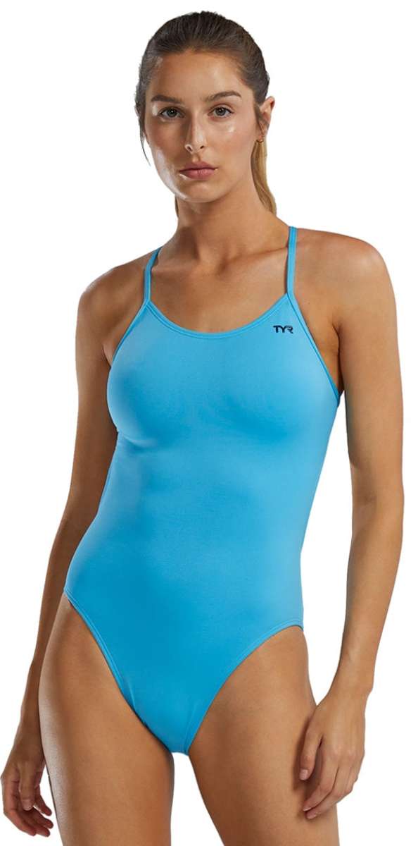 TYR Women's Solid Cutoutfit Swimsuit - A solid blue swimsuit with thin straps and a cut-out detail on the side.