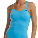 TYR Women's Solid Cutoutfit Swimsuit - A solid blue swimsuit with thin straps and a cut-out detail on the side.