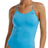 TYR Women's Solid Cutoutfit Swimsuit - A solid blue swimsuit with thin straps and a cut-out detail on the side.