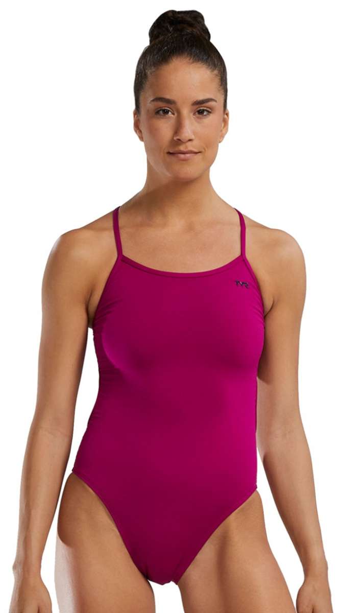TYR Women's Solid Trinityfit One Piece Swimsuit - A solid-colored one-piece swimsuit with thin straps and a high-cut leg.