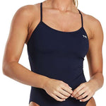 TYR Women's Solid Trinityfit One Piece Swimsuit - A navy blue one-piece swimsuit with thin straps and a white logo on the left side of the chest.
