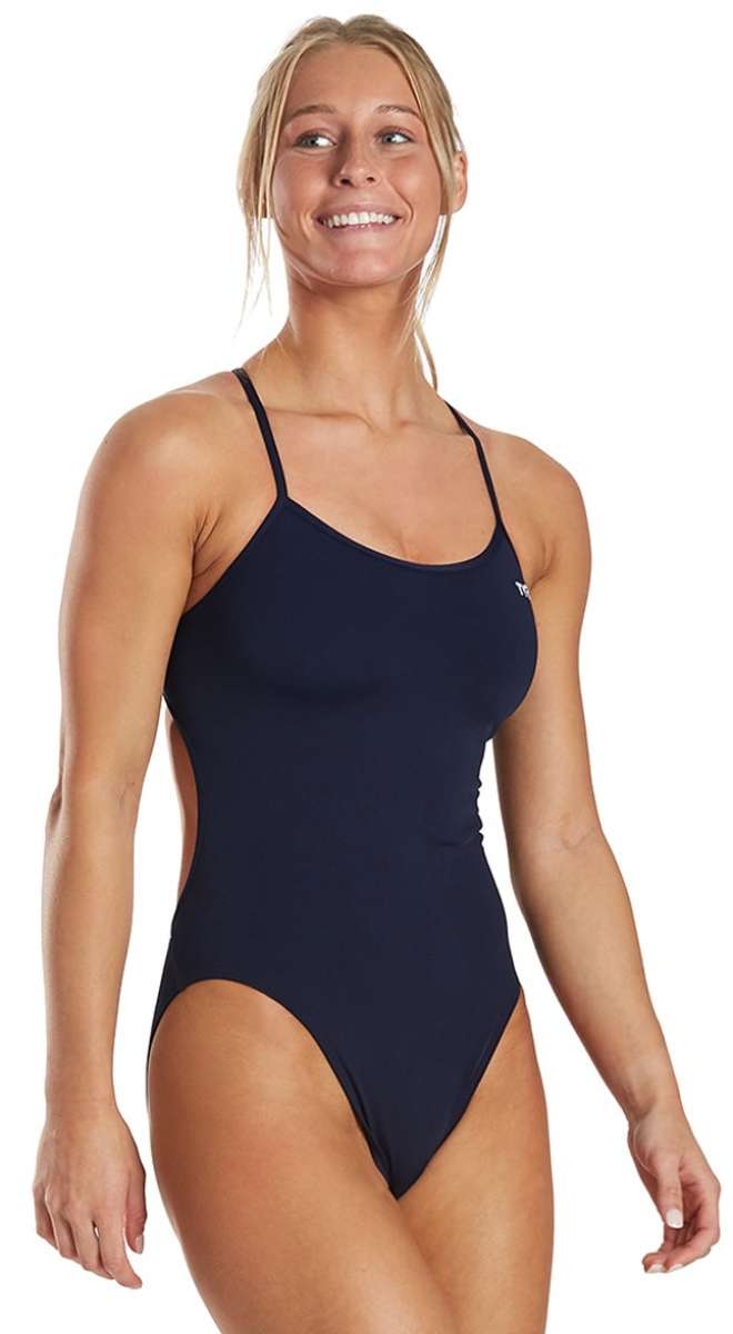 TYR Women's Solid Trinityfit One Piece Swimsuit - A navy blue one-piece swimsuit with thin straps and a high-cut leg.