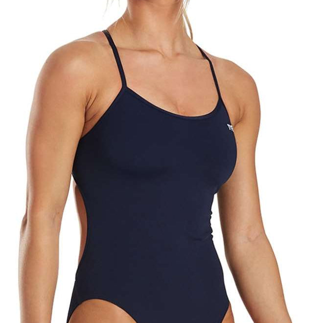 TYR Women's Solid Trinityfit One Piece Swimsuit - A navy blue one-piece swimsuit with thin straps and a high-cut leg.