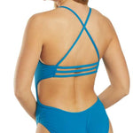 TYR Women's Solid Trinityfit One Piece Swimsuit - A solid blue one-piece swimsuit with thin straps and a high-cut leg.