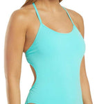 TRINITYFIT ONE PIECE - A solid, aqua blue one-piece swimsuit with thin straps and a high-cut leg.