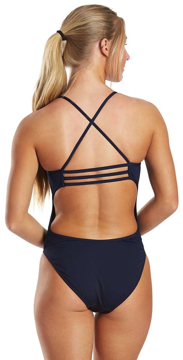 TYR Women's Solid Trinityfit One Piece Swimsuit - A black one-piece swimsuit with thin straps and a cut-out detail on the back.