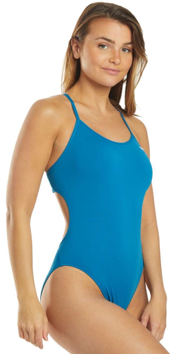 TYR Women's Solid Trinityfit One Piece Swimsuit - A solid blue one-piece swimsuit with thin straps and a high-cut leg.