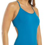 TYR Women's Solid Trinityfit One Piece Swimsuit - A solid blue one-piece swimsuit with thin straps and a high-cut leg.