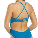 TYR Women's Trinityfit Swimsuit - A blue swimsuit with a cut-out detail on the side, featuring thin straps and a high-cut leg.