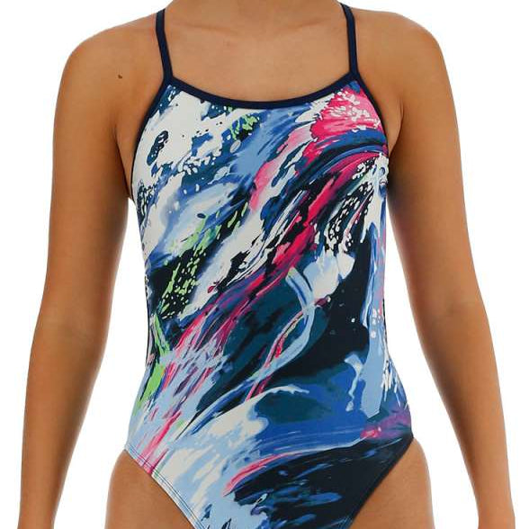TYR Women's Trinityfit Transient Swimsuit - A blue, pink, and white abstract patterned swimsuit with thin straps.
