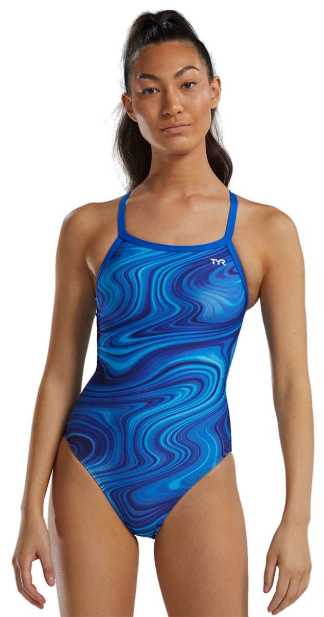 TYR Women's Vitality Durafast Elite Diamondfit Swimsuit - A blue and purple marbled swimsuit with a diamond pattern on the front, featuring thin straps and a high neckline.