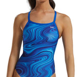 TYR Women's Vitality Durafast Elite Diamondfit Swimsuit - A blue and purple marbled swimsuit with a diamond pattern on the front, featuring thin straps and a high neckline.