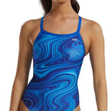 TYR Women's Vitality Durafast Elite Diamondfit Swimsuit - A blue and purple marbled swimsuit with a diamond pattern on the front, featuring thin straps and a high neckline.