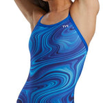 TYR Women's Vitality Durafast Elite Diamondfit Swimsuit - A blue and purple marbled swimsuit with a diamond pattern on the front, featuring a high neckline and thin straps.