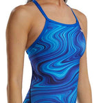 TYR Women's Vitality Durafast Elite Diamondfit Swimsuit - A blue and white one-piece swimsuit with a diamond pattern on the front.