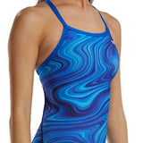 TYR Women's Vitality Durafast Elite Diamondfit Swimsuit - A blue and white one-piece swimsuit with a diamond pattern on the front.