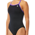 TYR Ladies' Hexa Diamondfit Swimsuit - A black swimsuit with a purple trim and a diamond pattern on the front.