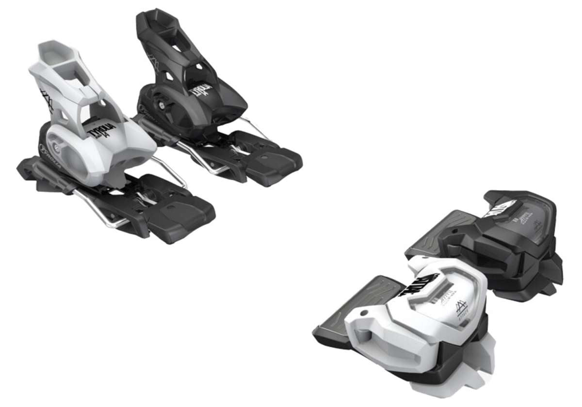Tyrolia Attack 14 Ski Bindings 2024 - Black bindings with silver hardware and white lettering on a light gray background.