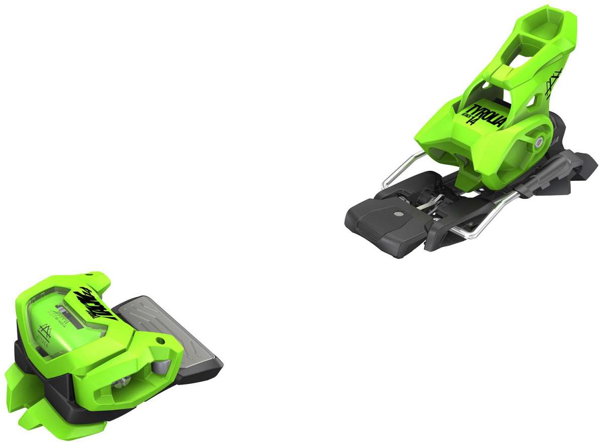 Tyrolia - Attack 14 Ski Bindings 2024 are lime green with black hardware and a silver metal base plate.