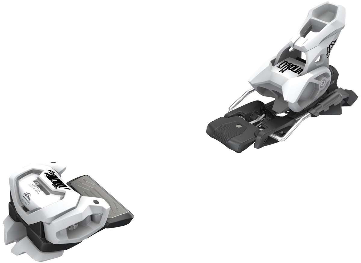 Tyrolia Attack 14 Ski Bindings 2024 - White ski bindings with black and gray accents, featuring a sleek design with silver hardware.
